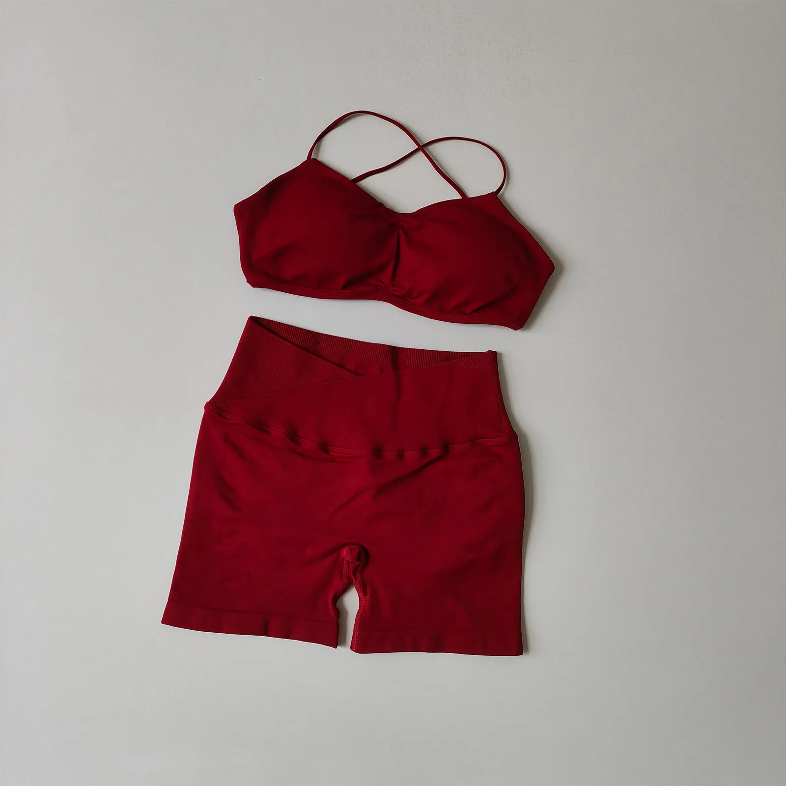 2-teiliges Yoga-Gym-Set für Damen, Sport-BH mit V-Ausschnitt vorne, Crop-Top, nahtlose Shorts, Fitnesskleidung, Sportbekleidung, Workout-BH-Set – Detail 14