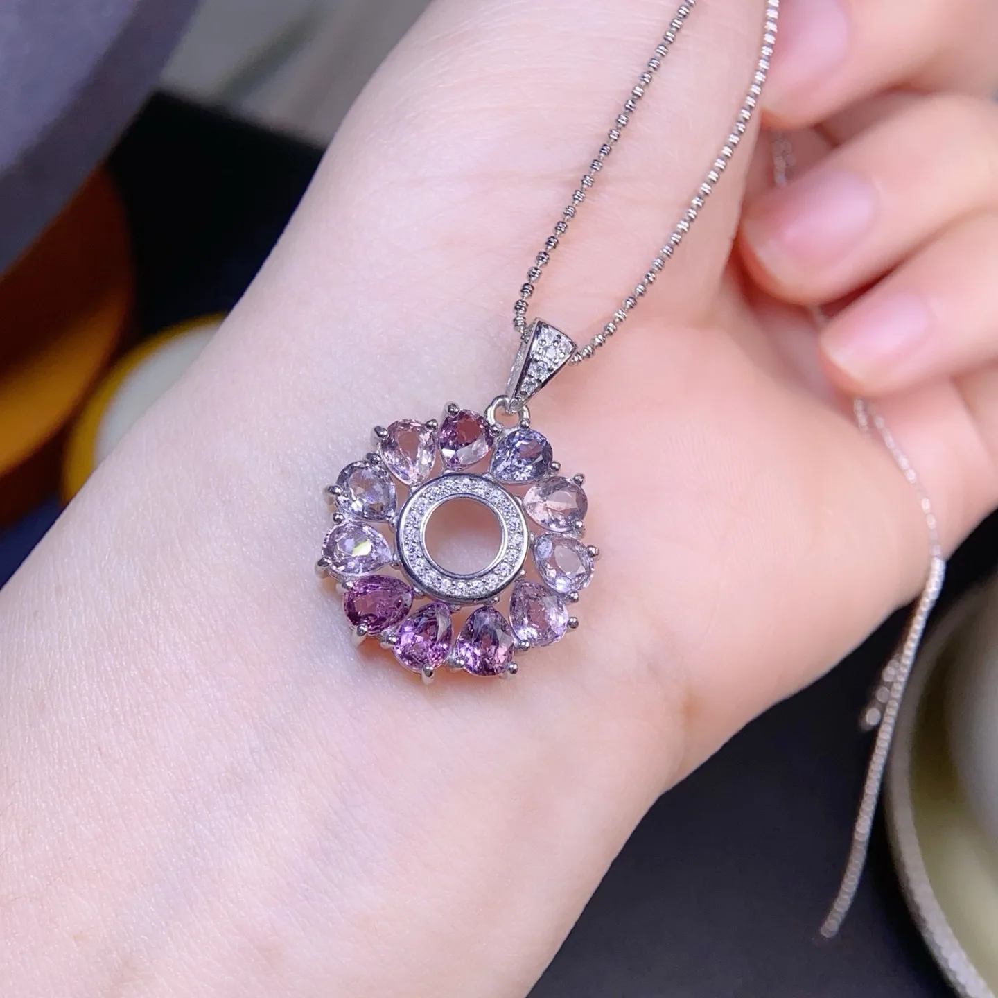 Natural Spinel Pendant Necklace, S925 Silver Inlaid, Gradient Purple Sunflower Vintage Luxury Women Choker