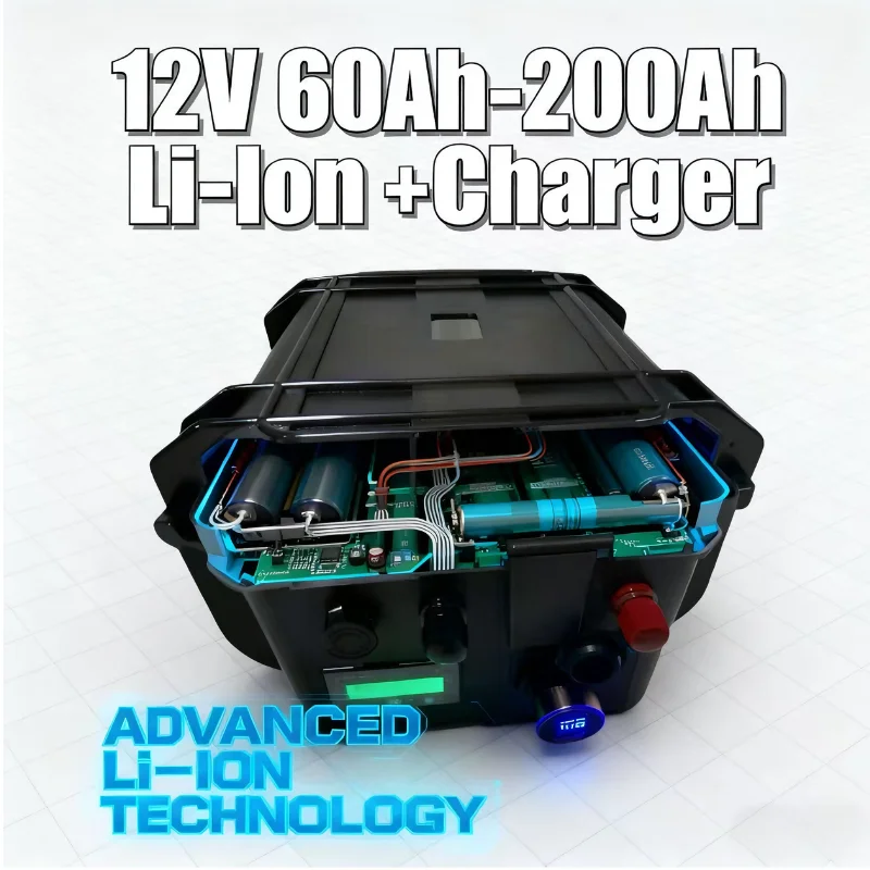 12V Li-ion 60-200Ah: ULTRA-ENDURANCE • BMS EQUIPPED • 10A FAST CHARGE12V POWERHOUSE: LONG-LASTING • BMS PROTECTED • QUICK CH