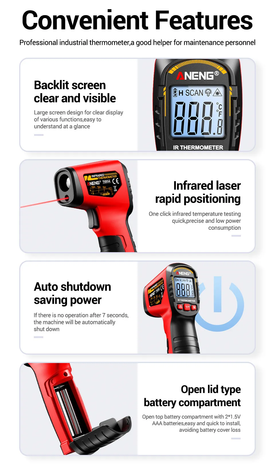 ANENG TH204 Infrarot-Thermometer Handgehaltene Temperaturmesspistole Berührungsloser Laser-Wärmetester -50-400 ° C für Industrie, Haushalt, Automobil – Detail 11