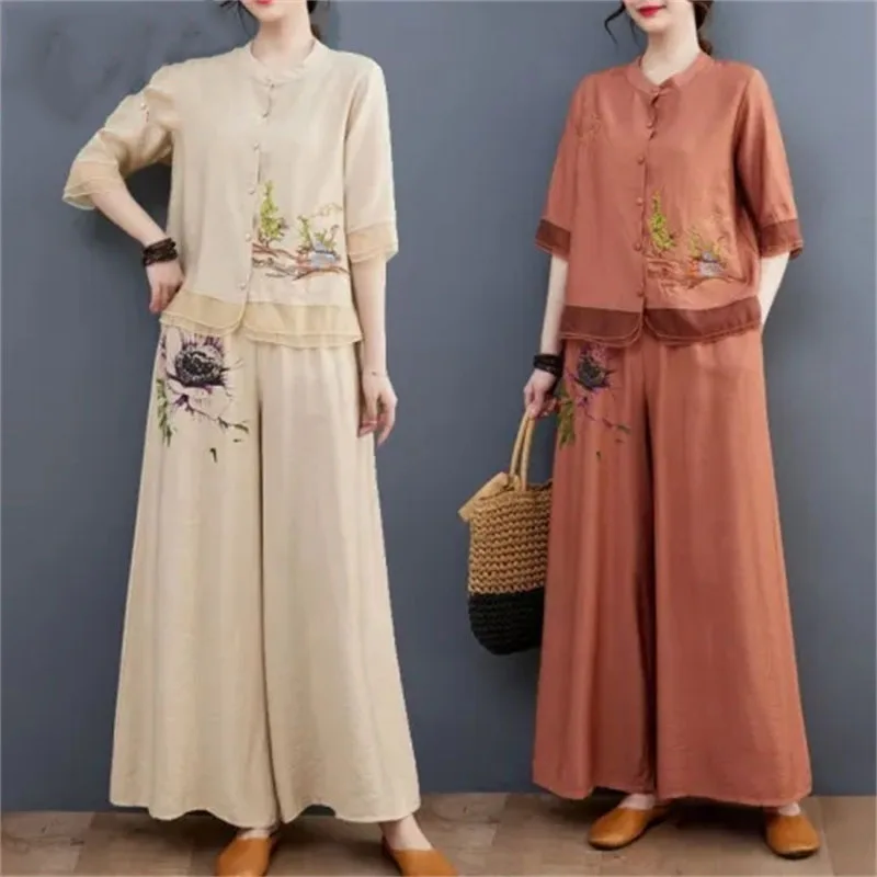 

Retro Ladies Cotton Linen Two-piece Suit 2025 High-end Female Large Size 5XL Embroidery 2PCS Summer Women Wide Leg Pants Outfit