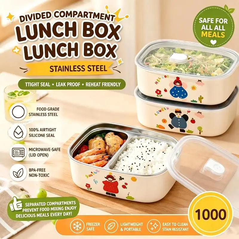 1Pc Cartoon Pattern Heat Preservation Lunch Box Microwavable Stainless Steel Partition Lunch Box For Student Office Use
