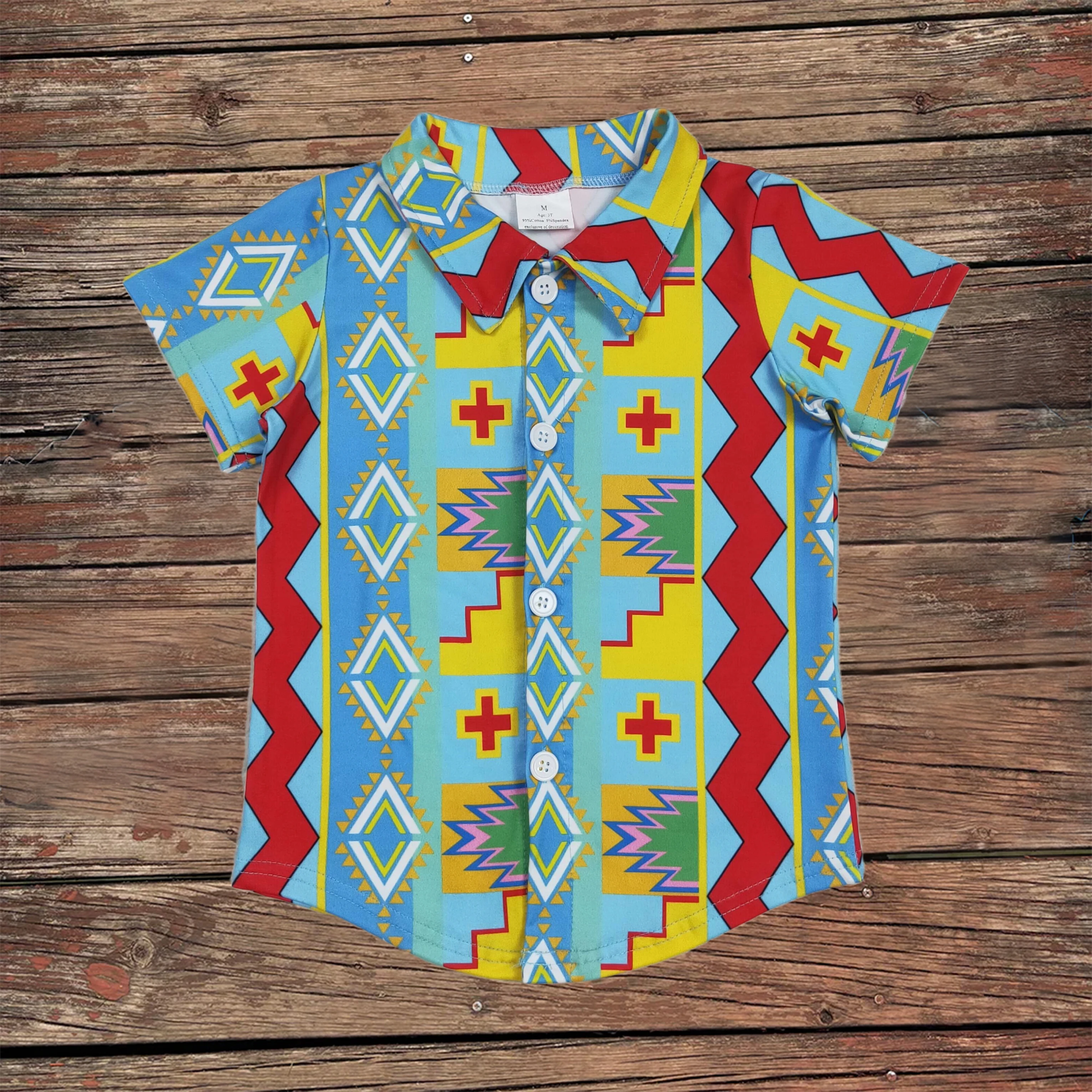 

Wholesale Baby Boys Summer Colorful Aztec Beachwear Kids Short Sleeves Button Lapel Shirts Tops Children Infant Cardigan Clothes