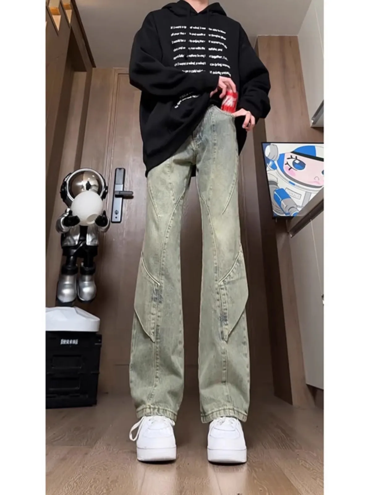 

Yellow Mud Color Men's Jeans American High Street Design Patchwork Slim Fit Straight Leg Pants Wear Resistant Loose Straight Cut