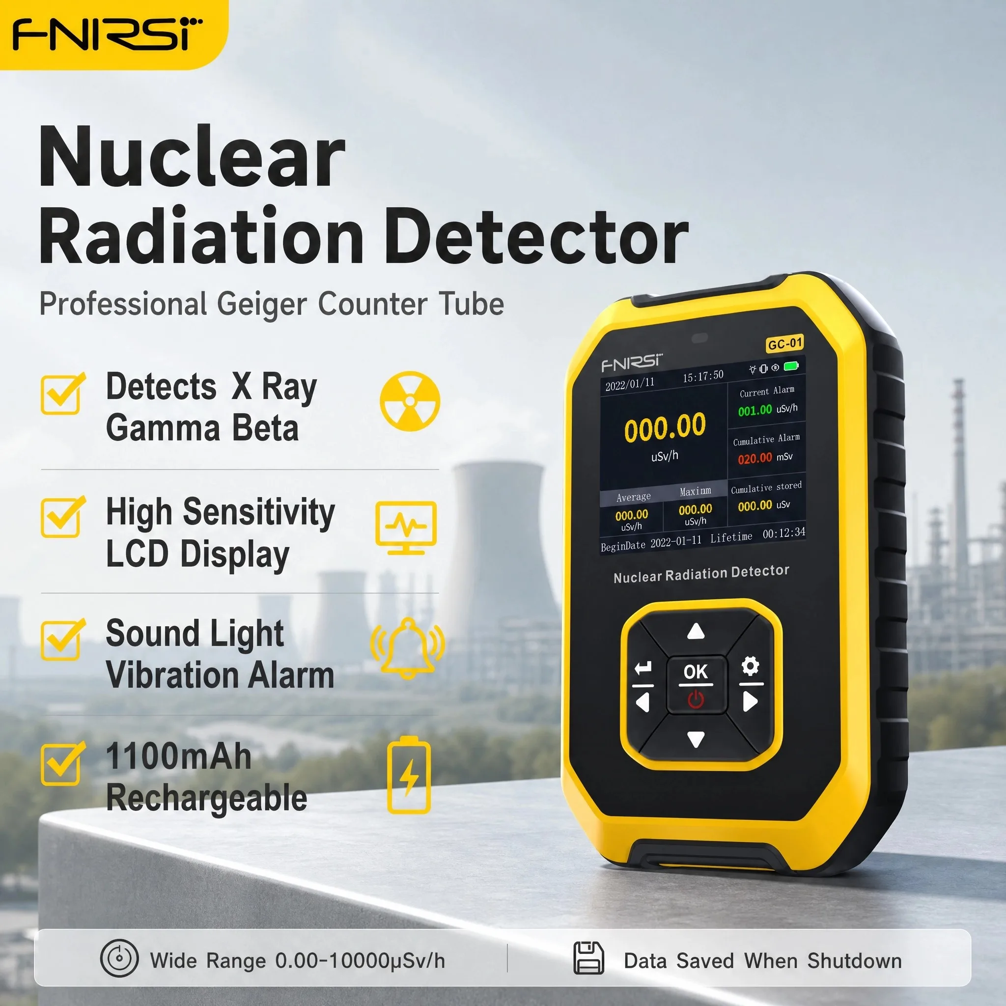 FNIRSI GC-01 Geiger Counter Nuclear Radiation Detector X-ray γ-ray β-ray Dosimeter Rechargeable GM Tube Tester with LCD Display