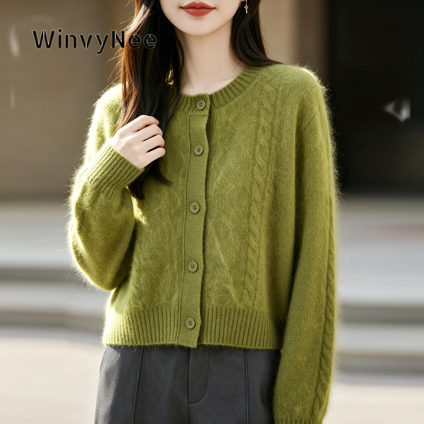 WinvyNee Women Textured Cropped Cardigan Cashmere O Neck Long Sleeve Knitwear Brushed Fabric Autumn Winter Soft Buttons B1743030