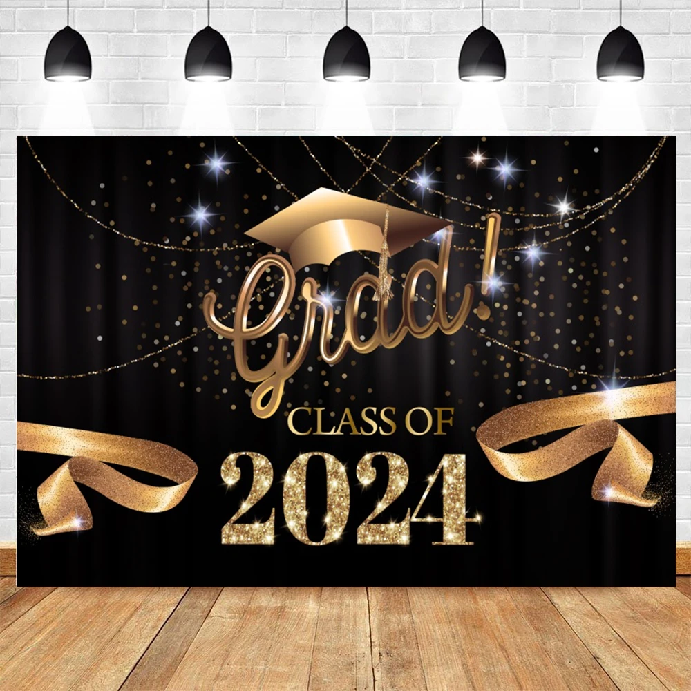 Fondo de fotografía de graduación de clase de 2024, sombrero dorado y negro, globo de graduación, felicidades, pancarta de graduación, fondo