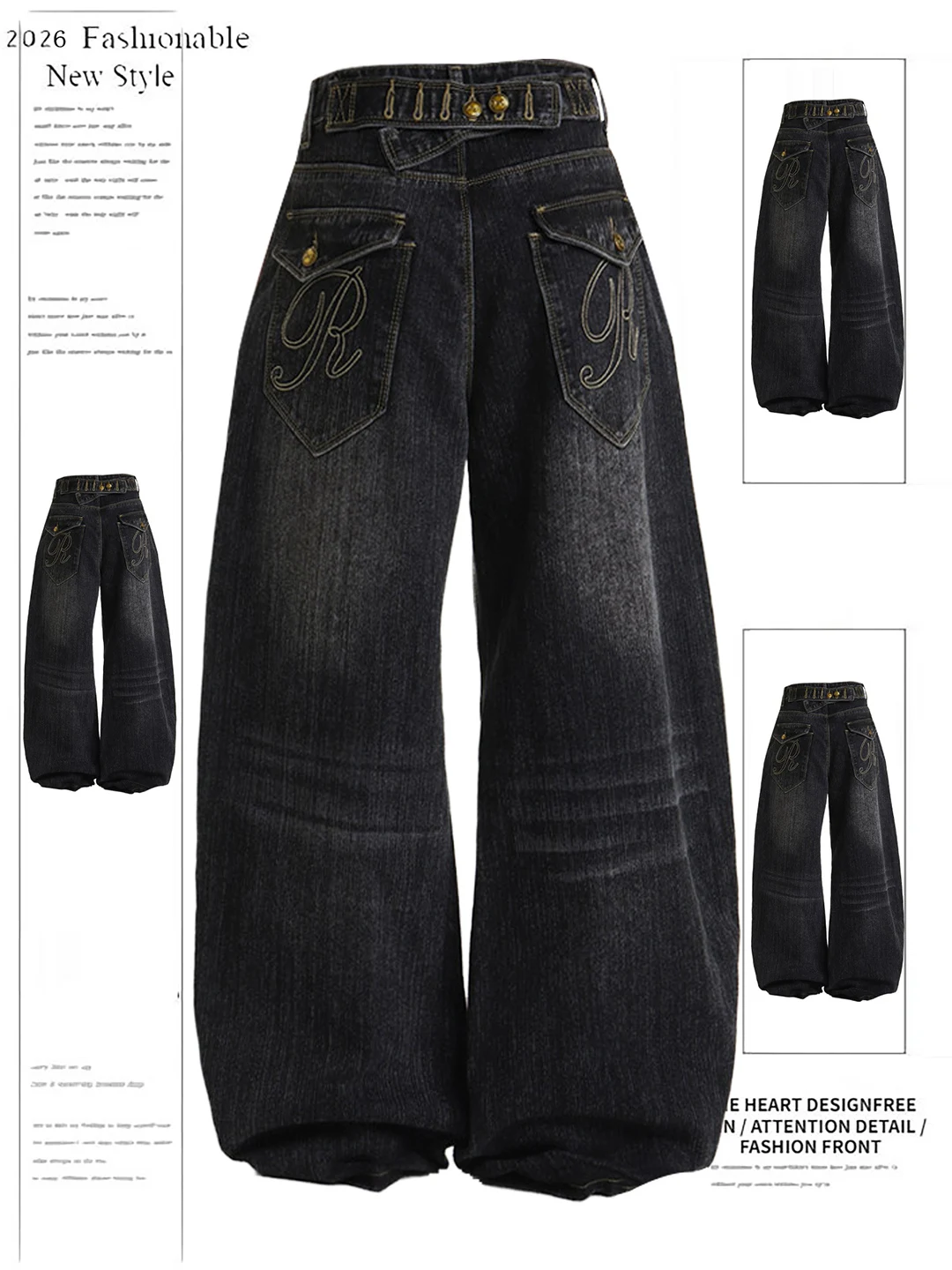 

American Retro Paris Buckle Design Black Jeans Women's Loose Wide Leg Pants Summer New Style High Waist Denim Casual Wear