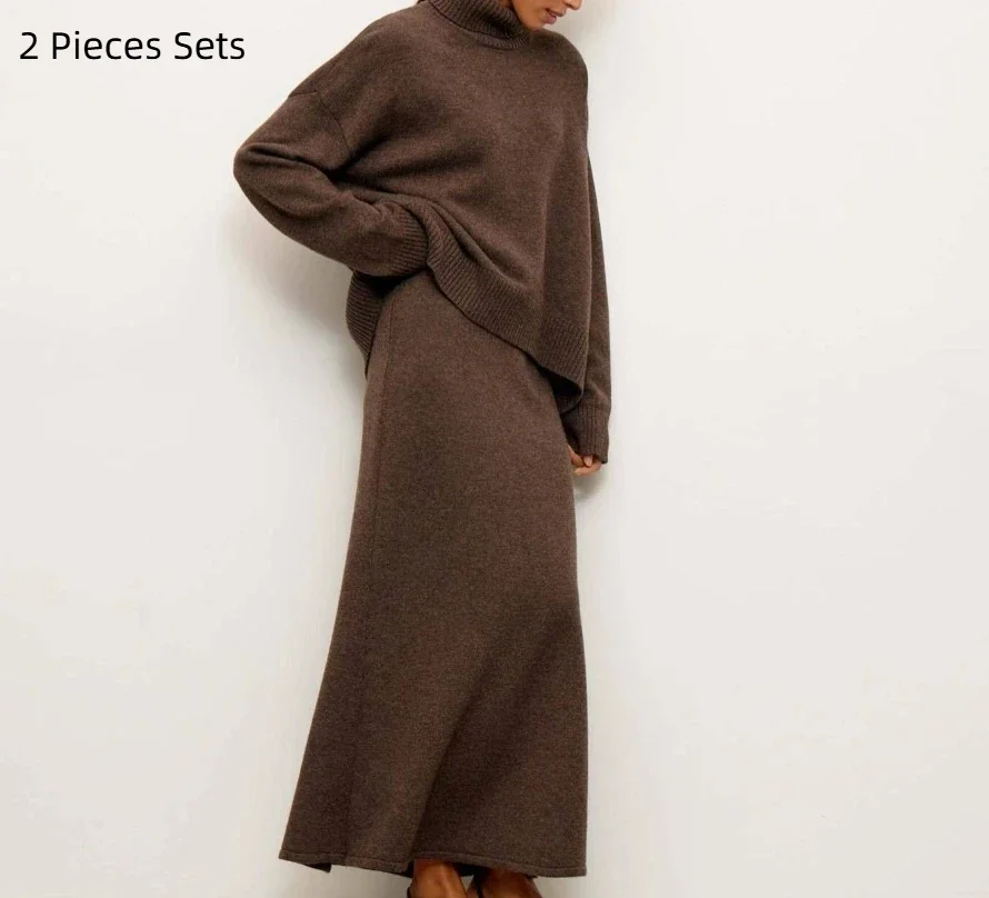 

ALLUKASA женский свитер с высоким воротником и длинными рукавами, топ и высокая талия, облегающая длинная юбка трапециевидной формы, комплект из двух предметов, осенний наряд