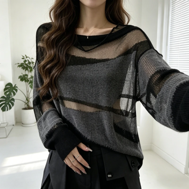 

Spring Summer Women's Hollow Out Striped Knit Blouse Loose Long Sleeve Sheer Mesh Pullover Y2K Streetwear Korean style Top