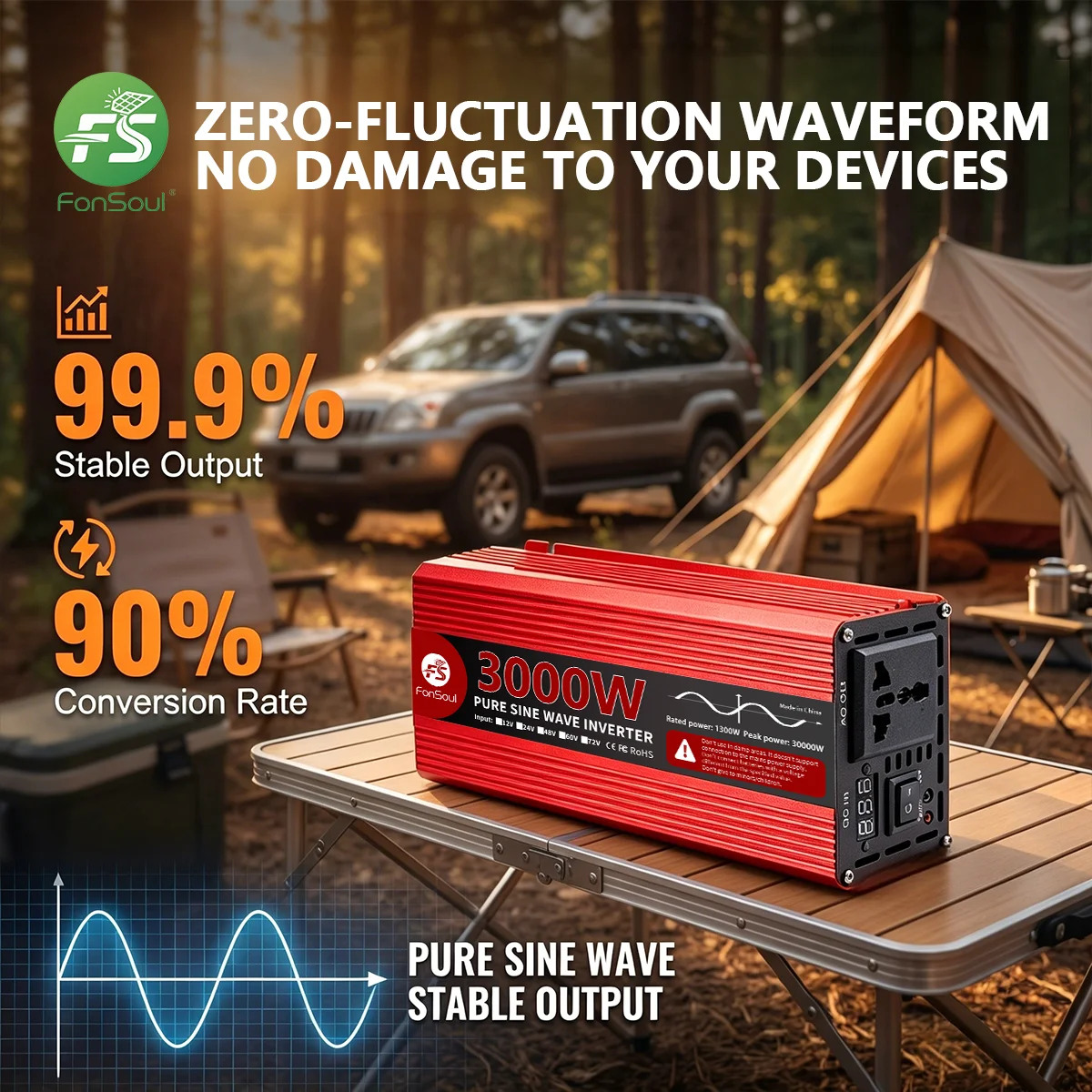 FonSoul 3000W Peak Pure Sine Wave Inverter 1300W Rated, 12V DC to 110/220V AC, 90% Efficiency, Smart LCD, for RV, Camping
