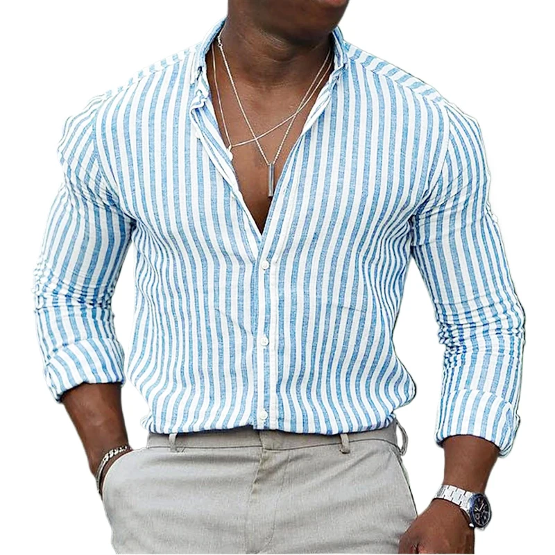 New mens Stripe Shirt Long Sleeve Printing Breathable T Shirts Lapel Basic Shirts for Men Lightweight Hawaiian Shirt Streetwear