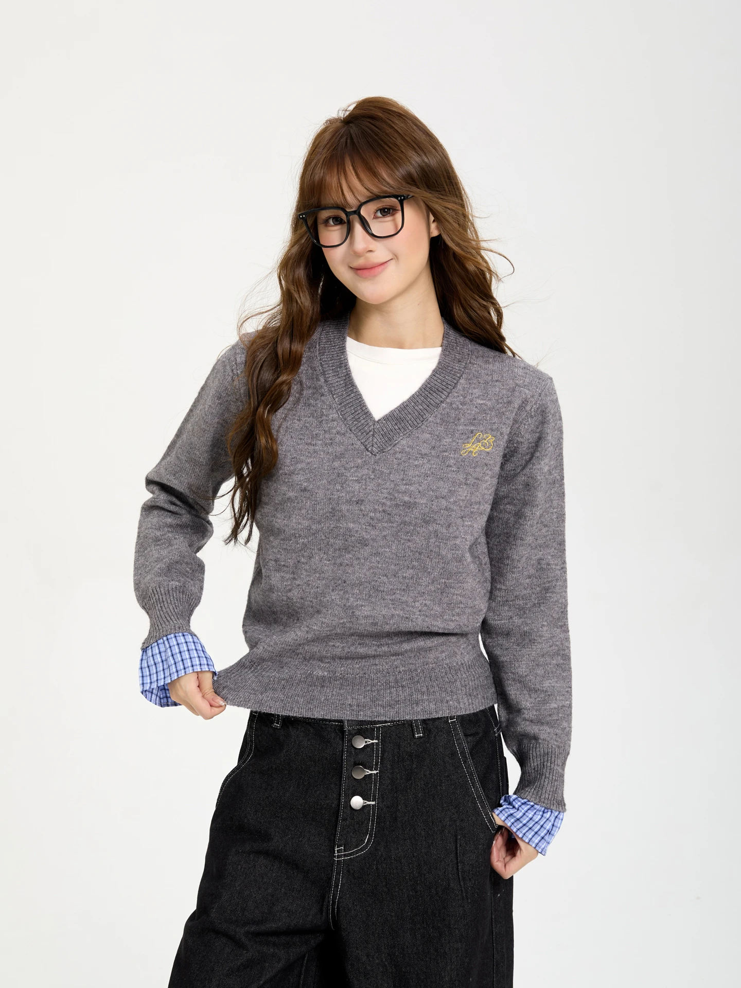 

7KEEWEN Осенне-зимний женский свитер в американском ретро-стиле, повседневный, в клетку, имитация двухслойности, трикотажный, для ношения под одеждой, уличный стиль