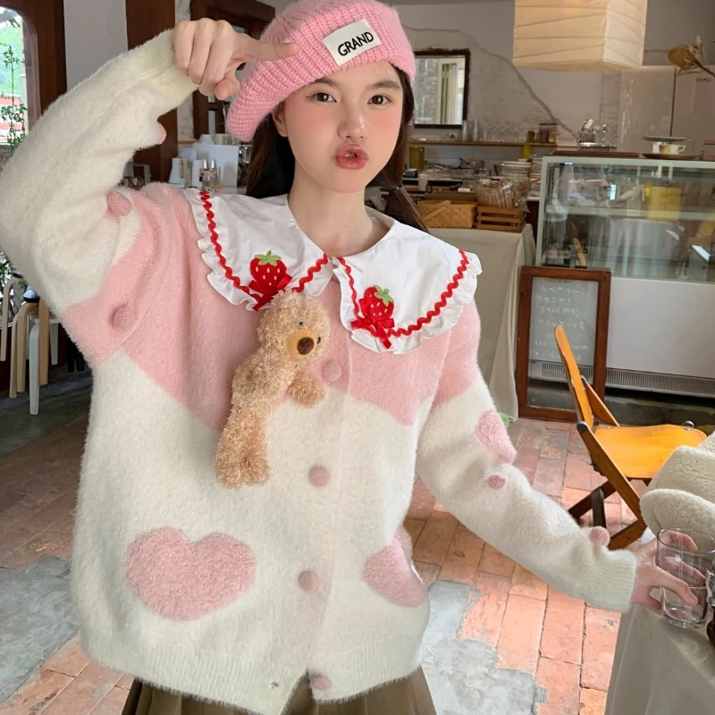 

Women Two-Piece Set Single Breasted Long Sleeve Knitted Cardigan + Strawberry Peter Pan Collar Flared Sleeve Sweet Shirt Female