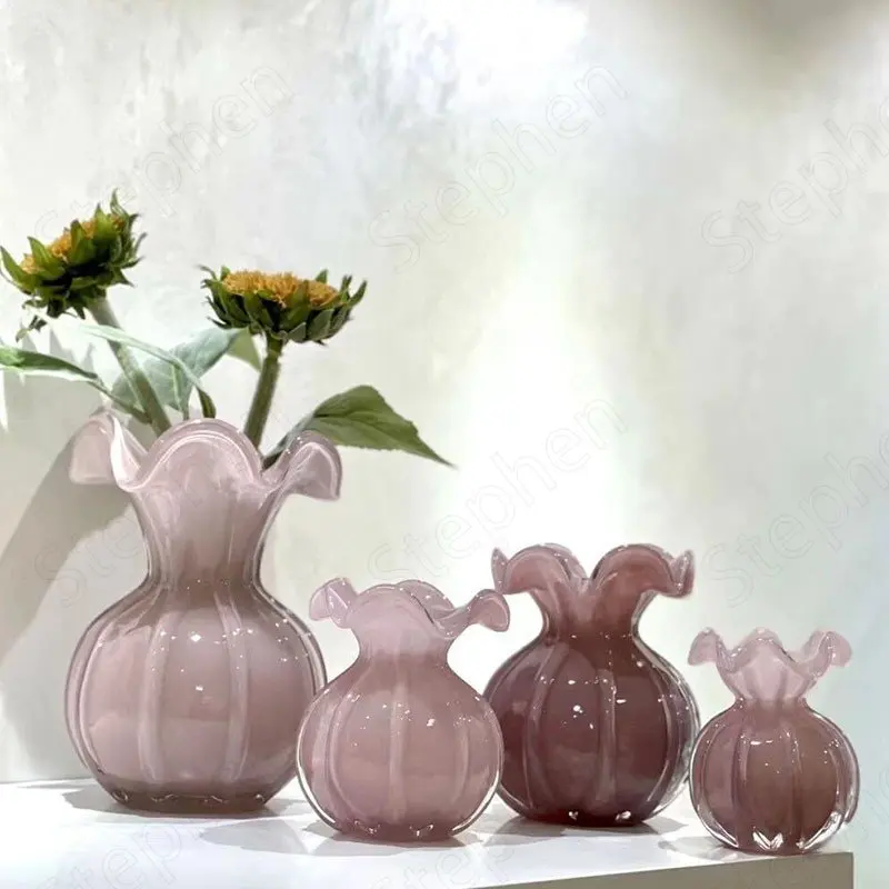 Creative Pink Glazed Glass Vase Nordic Modern Ins Glass Vase Transparent Hydroponic Vases for Flowers Home Iving Room Decoration