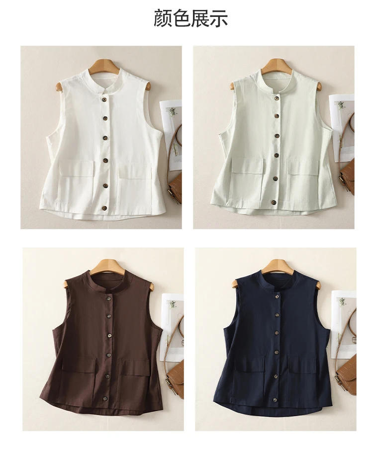 Women Vintage Stand-Neck Cotton Linen Sleeveless Jacket Coat Spring Fall Button Pocket Vest Coffee Navy White Waistcoat Outwear