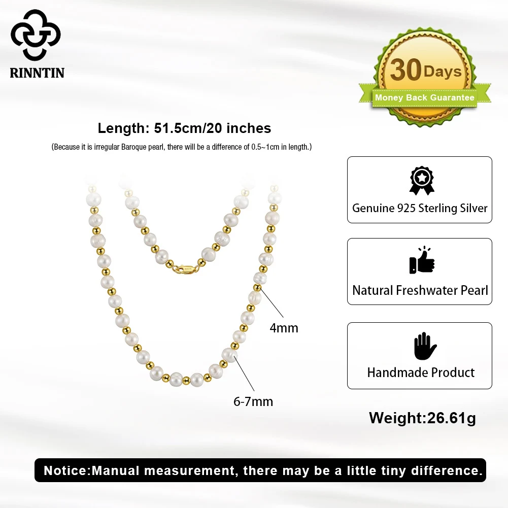 Rinntin Genuine 925 Sterling Silver Pearl Chain Necklace for Men Women Original Trendy Pearl Bead Neck Chain Jewelry NMN09