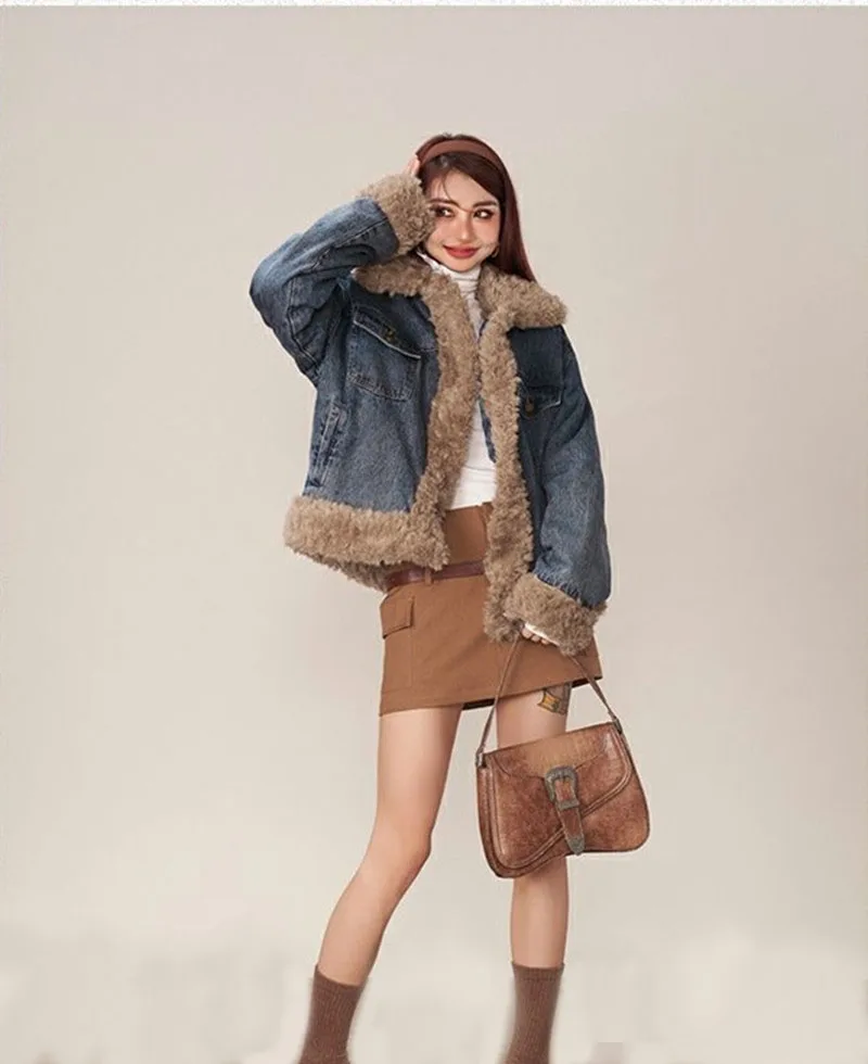 Turn Down Collar Denim Sweet Coat For Women 2023 Thicken Warm Retro Fur Collar Button Down Jacket New Fashion Oversized Coats