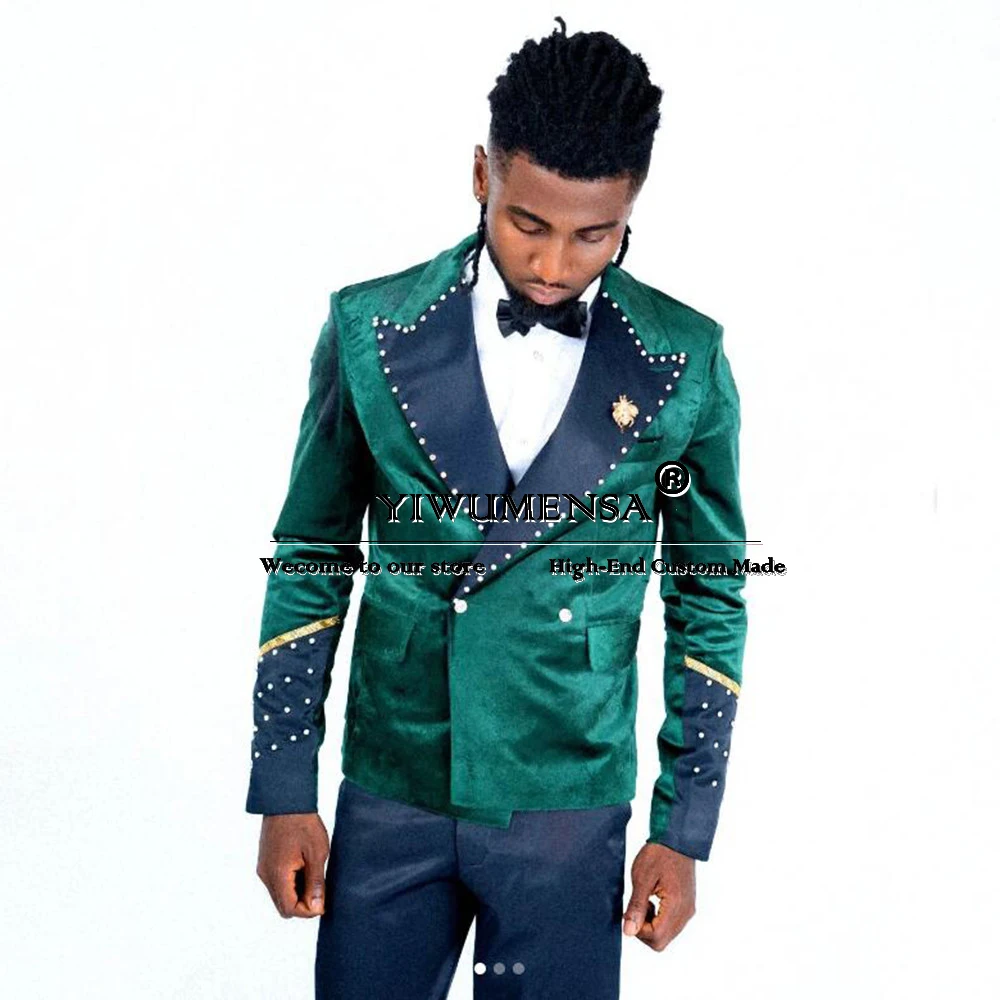 Luxury Bridegroom Tuxedos Crystals Beaded Green Velvet Jacket Pants 2 Pieces Groom Men Suits Formal Party Prom Blazer Bespoke