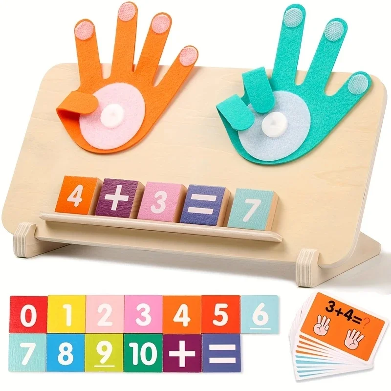 Wooden arithmetic learning board for 3+ kids. Comes with number blocks & math operation cards, an interactive tool for early add