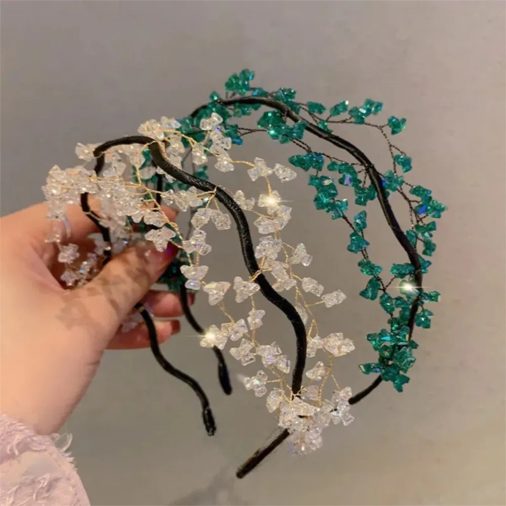

Нежная корейская винтажная повязка на голову в стиле феи, элегантный роскошный ободок для волос с кристаллами и бисером, зеленые украшения для волос, свадебный головной убор для женщин