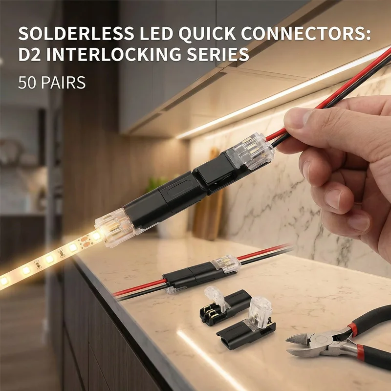 50 Pair 2P Interlocking LED Connector Plug, Solder-Free Strip-Free Insulation Piercing Terminal for Fast LED Wiring