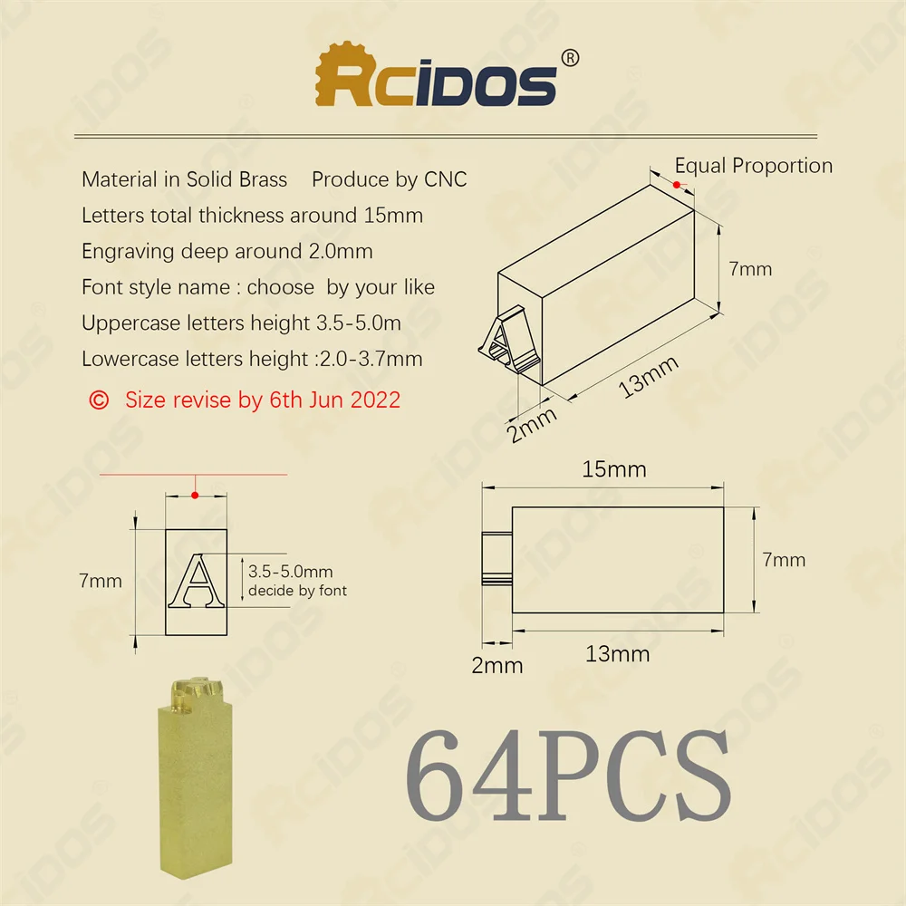 64PCS/SET RCIDOS Foil Stamping  BrassLetters,fit to movego stamp machine,Thickness 15mm,Engraving deep 2mm