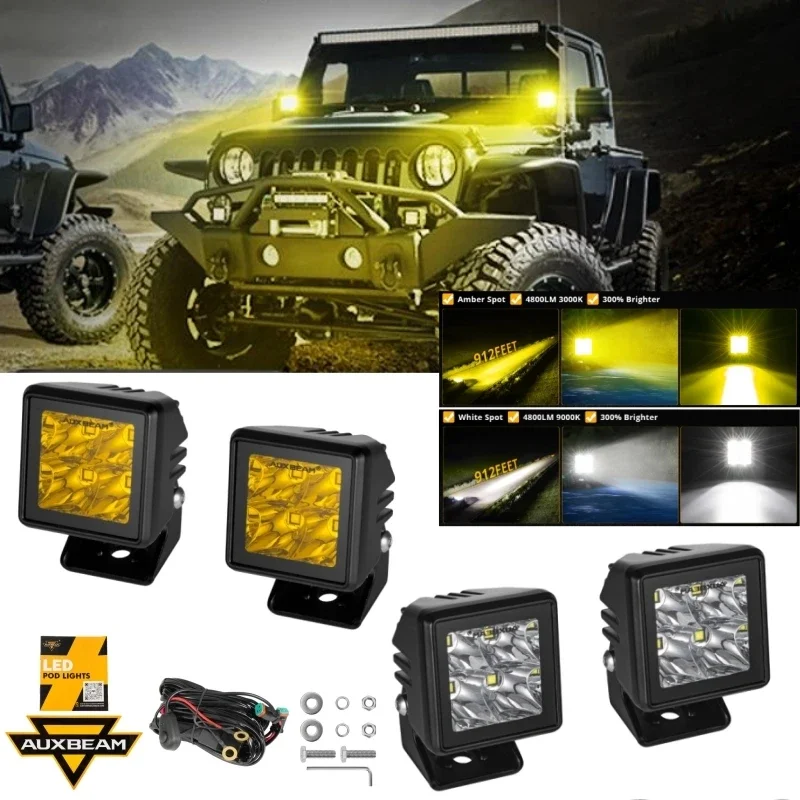 AUXBEAM 3000K/6500K 2 Inch LED Work Light Pods with DT Plug Wiring Harness   Driving Spot Lamp for Truck Pickup Offroad