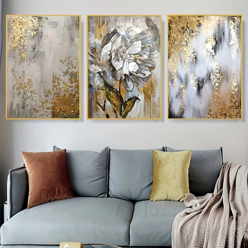 Set of 3 Abstract Gold Foil Peony Canvas Posters,Elegant Modern Art for Living Room Decor Painting,  Wall Dcoration Picture,No F