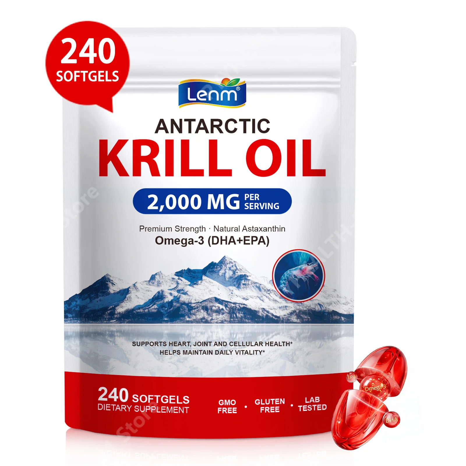 Lenm Antarctic Krill Oil Softgels with 2,000 Mg Krill Oil 240 Mg EPA & 160 Mg DHA Astaxanthin Antioxidant Support - 240 Softgels