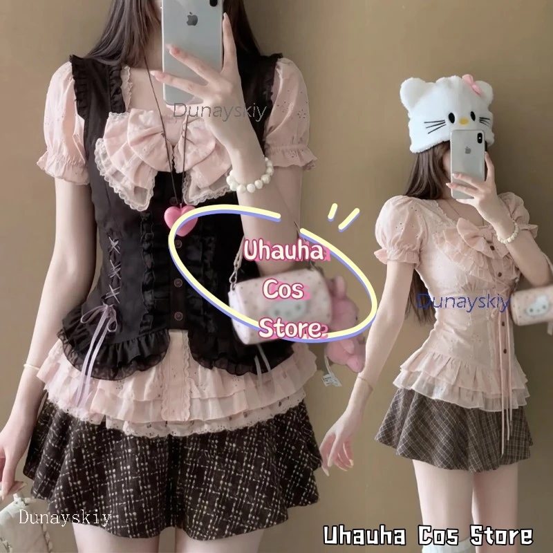 Uhauha Cos*NANA Rococo Style Komatsu Nana Cosplay Costume Pink Date Outfits Vintage Retro 4pc Waistcoat Skirt Shirt Camisole view 4