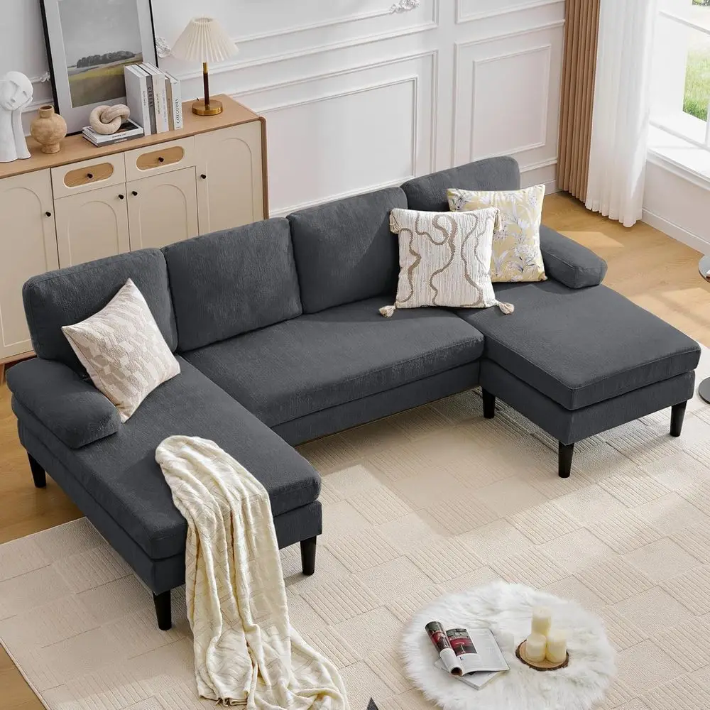 

4-Seat Grey Chenille Fabric Sectional Sofa with Double Chaise Lounge for Living Room and Small Spaces