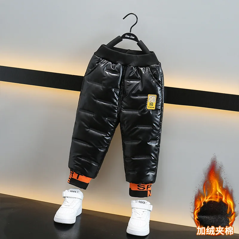 Long Pants for Boys Bright Leather Threaded Cotton Pants Plush and Thickened Winter Children's Outerwear Winter Warm Pants