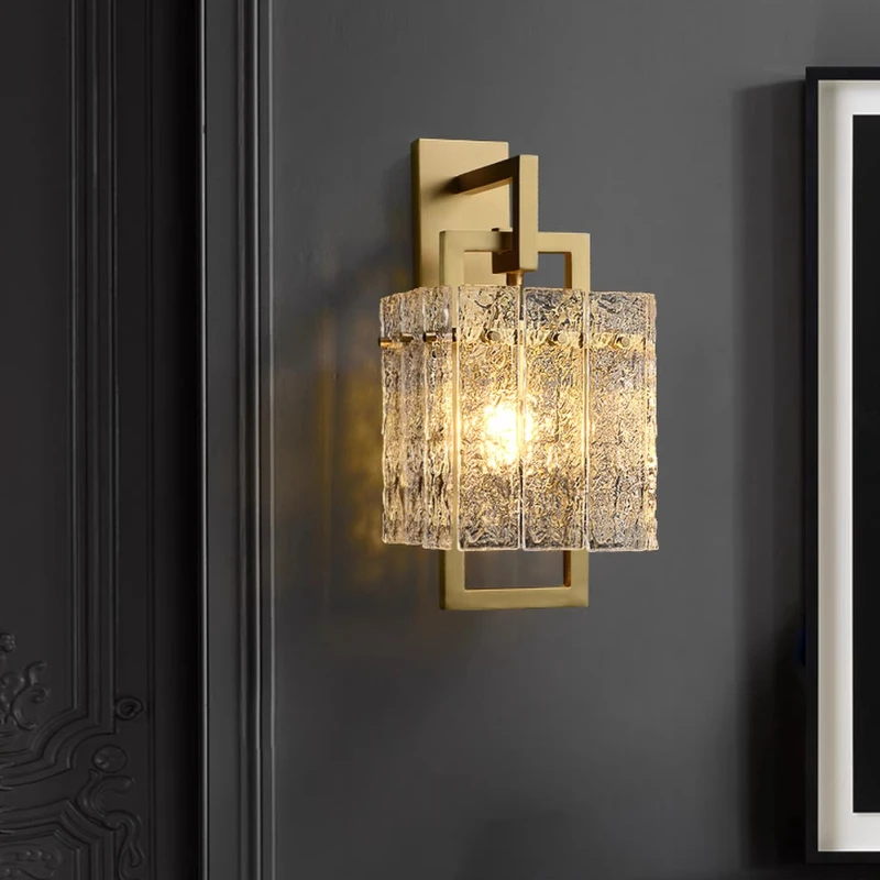 Nordic All Copper Luxury Living Room Wall Lamps Post-modern Water Pattern Glass Sconces Light Dining Room Bedroom Study Corridor