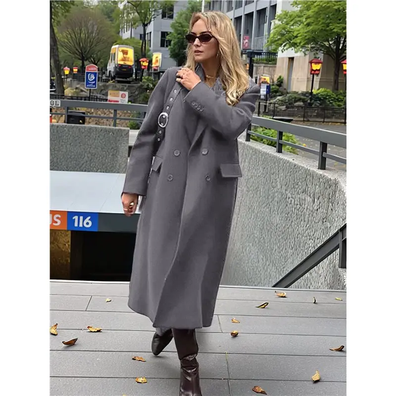 CYL-Women's Double Breasted Woolen Coat Lapel Collar Long Sleeve Female Outerwear Overcoat