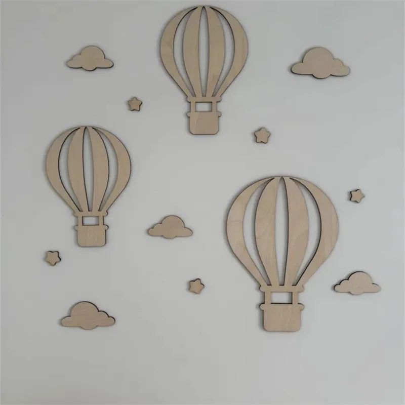13Pcs/Set Natural Wood Style Wooden Shaped Clouds, Stars, and Hot Air Balloons for Home Decoration, Bedroom Room Decoration, Wooden Wall Art Background, Home Decor, Living Room Wooden Hot Air Balloon Wall Stickers, Perfect for Bedroom, Cafe, Art Gallery, Art Decoration, Christmas, New Year, Halloween Holiday Wall Decoration Gifts