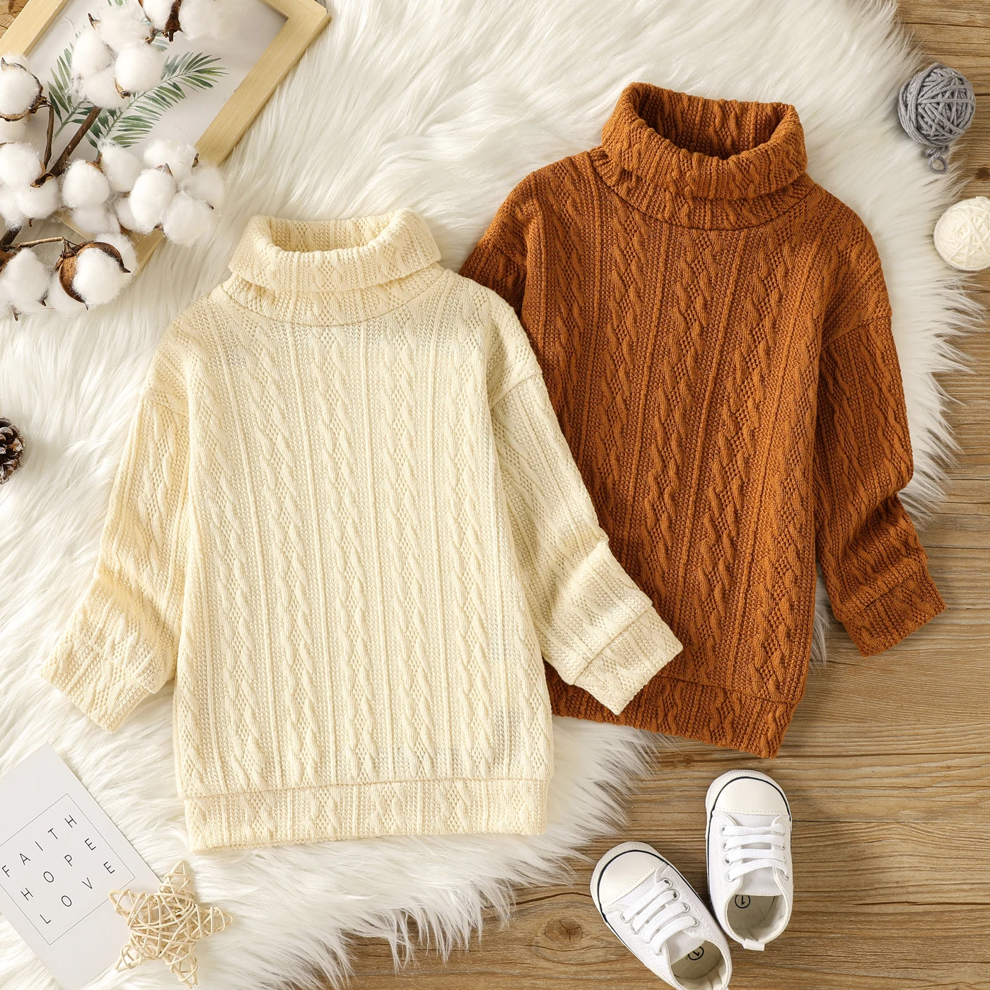 PatPat Baby Girl Solid Cable Knit Turtleneck Long-sleeve Sweater Dress