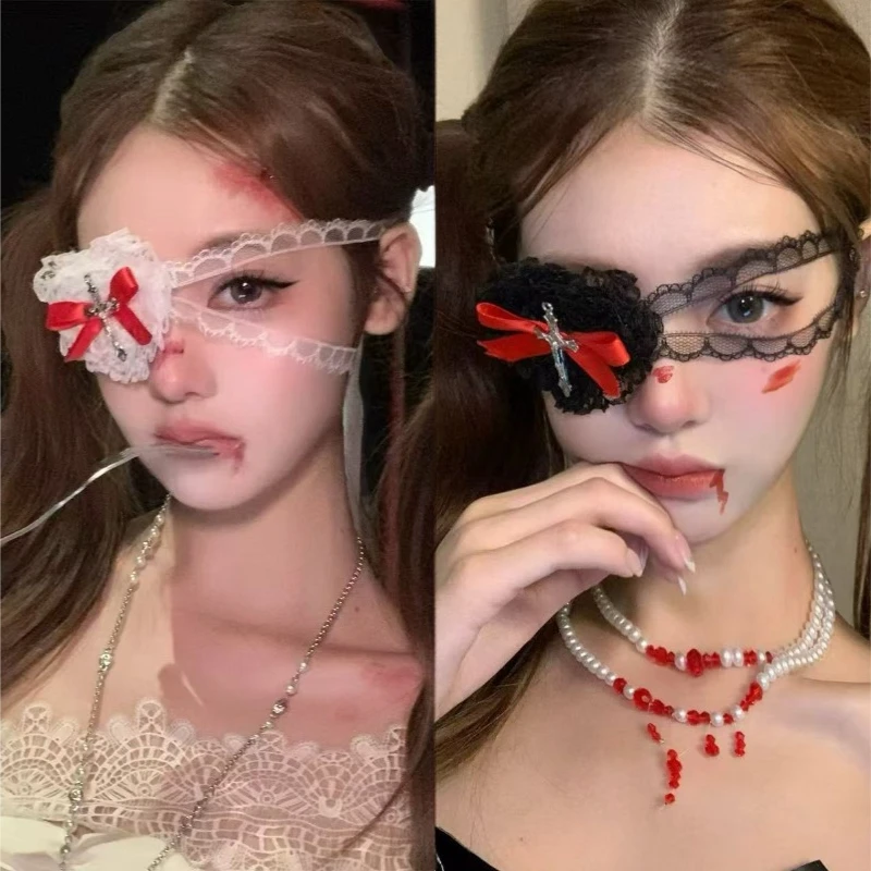 Vintage Punk Cross Lace Eye Mask for Women Lolita Eye Patch Gothic Lolita Cosplay Decoration Lace Eyewear Fashion Accessories