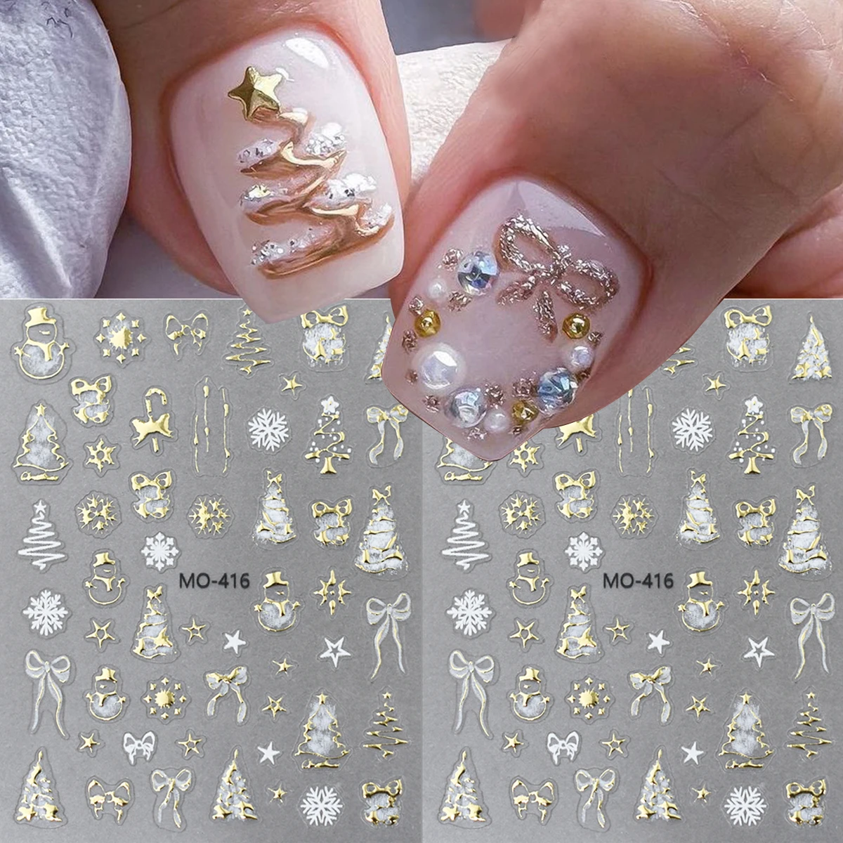 Goldene Weihnachtsbaum-Nagelaufkleber, Y2K, niedlicher Cartoon-Schneemann, Winter, Schneeflocke, Weihnachtsbänder, Stern, Elch, Herz, selbstklebende Aufkleber