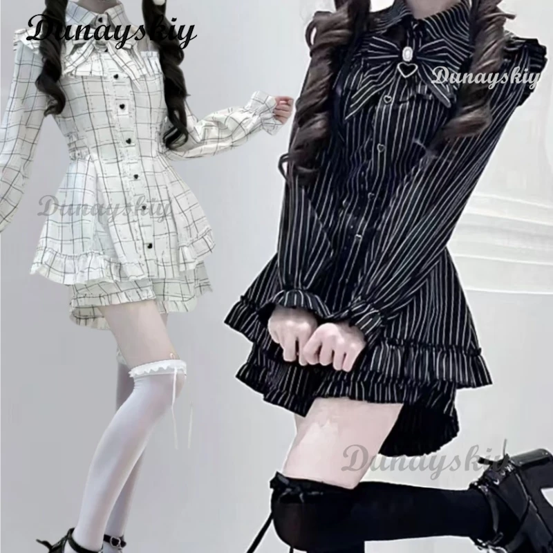 

Gothic Mine Jirai Kei Lolita 2 Piece Set Sweet Bow Long Sleeve Top Shorts Japanese Cute Fashion Outfits For Women
