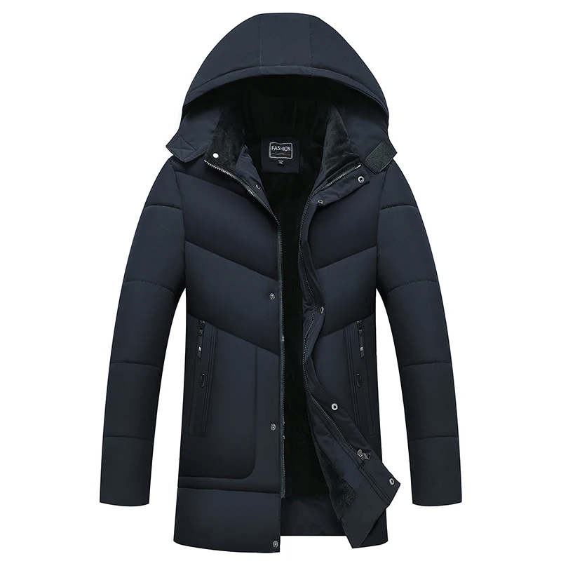 2023 Men's Middle-aged Winter Black Cotton Padded Jacket Plush Warm Hooded Jacket Black Casual Loose Middle Long Windproof Coat