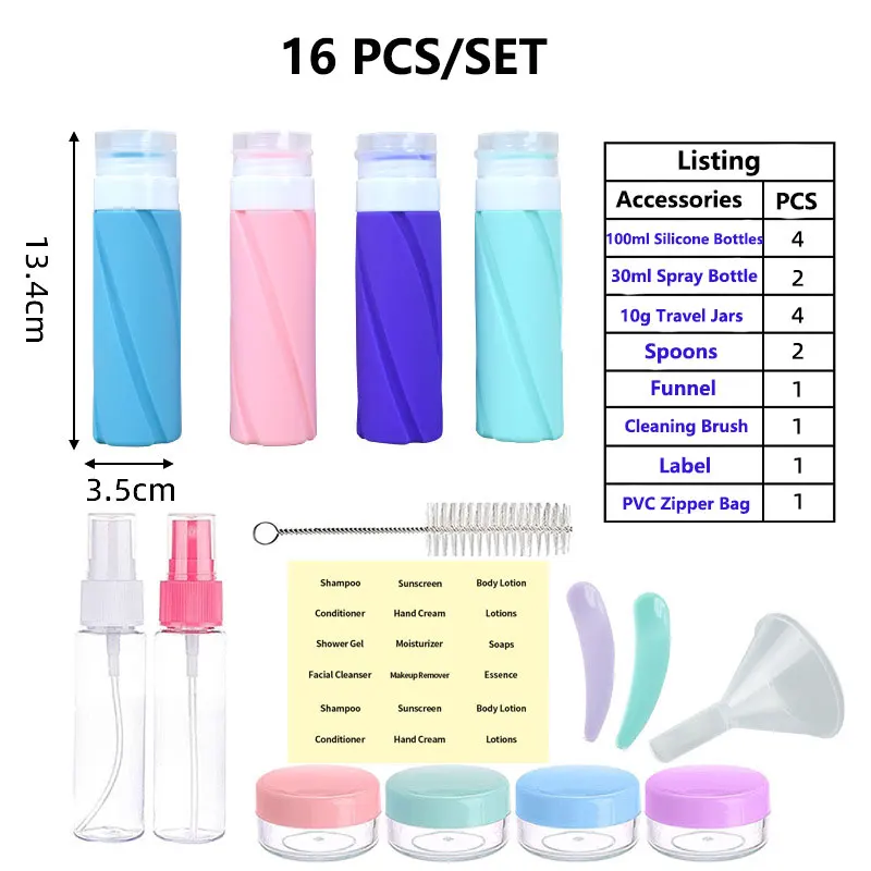 16 Pack Travel Bottles Set TSA for Toiletries Conditioner Shampoo Lotion Approved Leak Proof Silicone Squeezable Containers