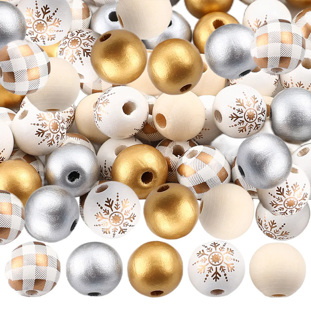 16mm 50Pcs Christmas Mix Wooden Round Beads Golden Silvery Snowflake Print Wood Beads for DIY Xmas Garland Jewelry Making Craft