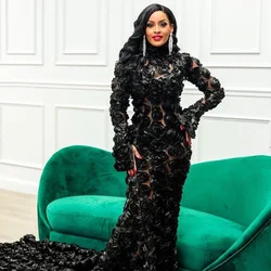 Charming Black Bloom Mermaid Prom Dresses High Collar Full Sleeves Flower Saudi Arabic Long Prom Gowns