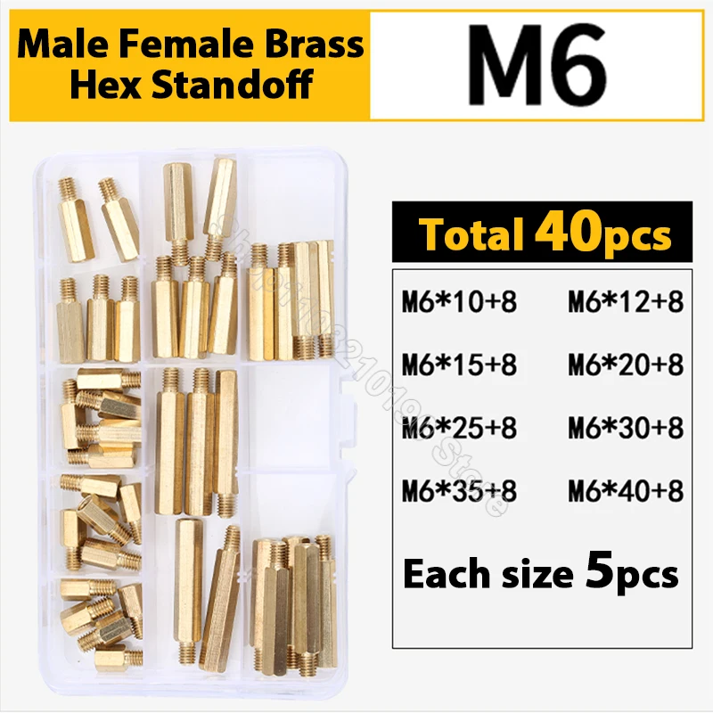 40pcs M6 Male Female Brass Hex Column Standoff Set Hexagon Support Spacer Pillar Column For PCB Board Assortment Kit L= 10-40mm