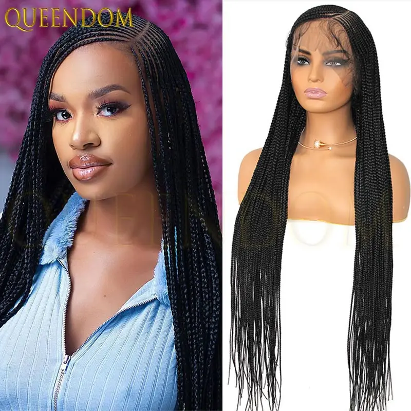 36 ''الجانب جزء كامل الدانتيل شقراء شعر مستعار مضفر للنساء آلهة صندوق جديلة الدانتيل المزدوج مع شعر الطفل فو Locs الشعر الاصطناعية #2