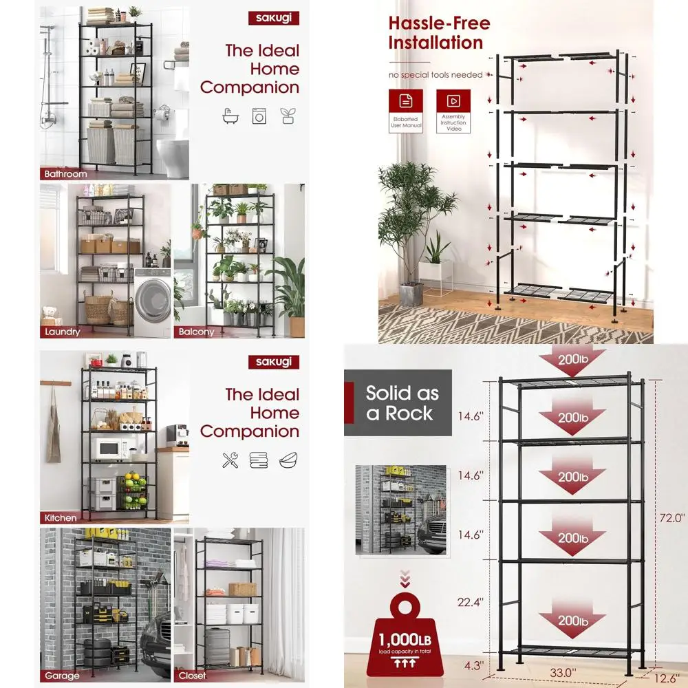 

5-Tier Heavy-Duty Metal Shelf Organizer for Garage, Pantry, Kitchen, and Closet - 33W x 12.6D x 72H, Black