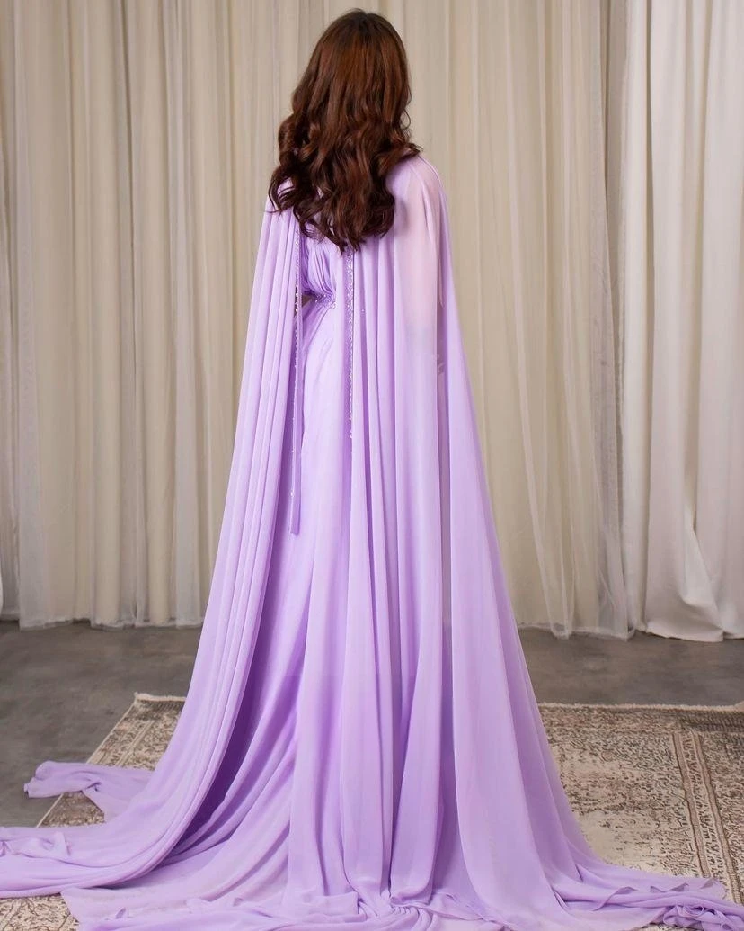 Lilac Chiffon Beads Sequins Prom Dresses Watteau Train Ruched A Line Floor Length Saudi Arabia Elegant Party Evening Gowns 2024