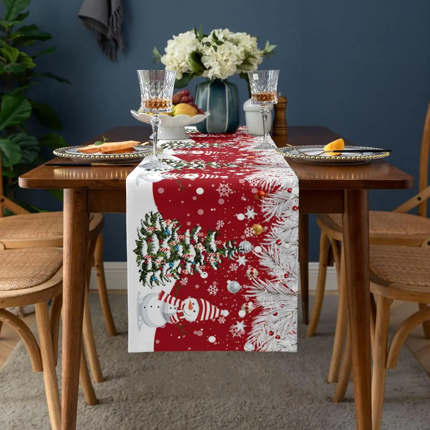 Christmas Snowman Xmas Tree Ball Linen Table Runners Dresser Scarf Winter Xmas Pine Needles Snowflake Table Runner Navidad Decor