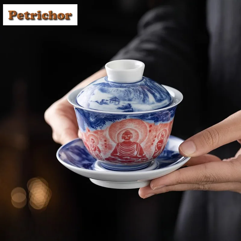 

160ml Grotto Buddha Statue Blue And White Gaiwan Antique Tea Tureen Tea Bowl With Lid Kit Tea Maker Cover Bowl Cha Ornaments